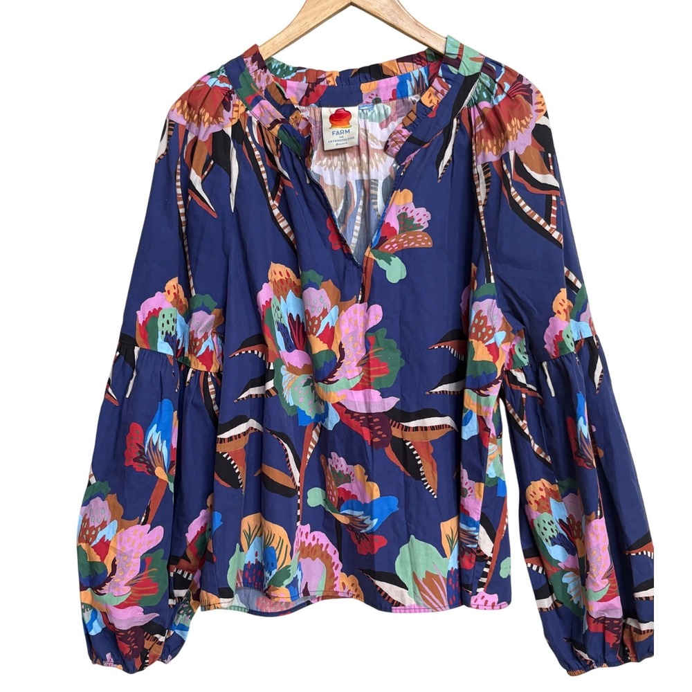 Farm Rio for Anthropologie Floral Long Sleeve Blouse Blue Large Estimated